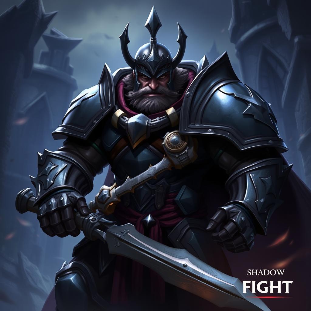 A powerful figure named Ironclad from the Shadow Fight universe, clad in heavily armored medieval-style armor, showcasing intricate metallic detailing and a dark, shadowy aura surrounding him
