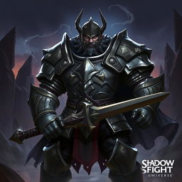 A powerful figure named Ironclad from the Shadow Fight universe, clad in heavily armored medieval-style armor, showcasing intricate metallic detailing and a dark, shadowy aura surrounding him