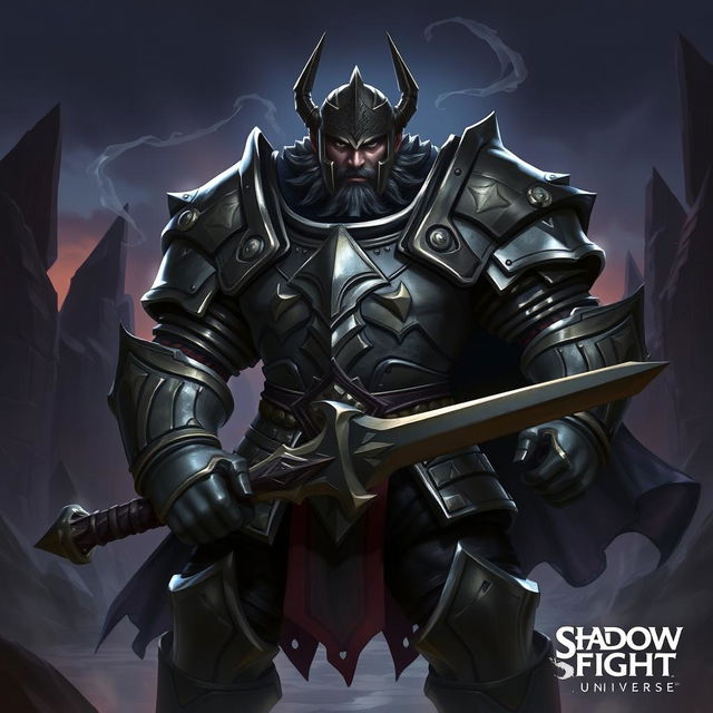 A powerful figure named Ironclad from the Shadow Fight universe, clad in heavily armored medieval-style armor, showcasing intricate metallic detailing and a dark, shadowy aura surrounding him