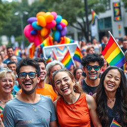 A vibrant and energetic pride parade celebrating LGBTQ+ culture, featuring a diverse crowd of happy individuals wearing colorful clothing, rainbow flags, and glitter
