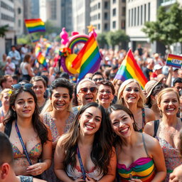 A vibrant and energetic pride parade celebrating LGBTQ+ culture, featuring a diverse crowd of happy individuals wearing colorful clothing, rainbow flags, and glitter