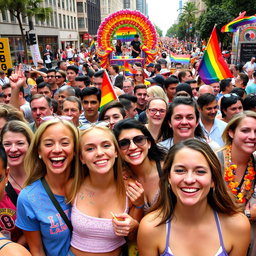 A vibrant and energetic pride parade celebrating LGBTQ+ culture, featuring a diverse crowd of happy individuals wearing colorful clothing, rainbow flags, and glitter