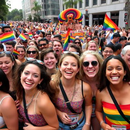 A vibrant and energetic pride parade celebrating LGBTQ+ culture, featuring a diverse crowd of happy individuals wearing colorful clothing, rainbow flags, and glitter