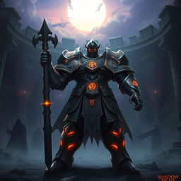 Ironclad depicted in the Shadow Fight world, standing triumphantly in a battle arena filled with swirling shadows and ethereal mist