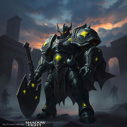 Ironclad depicted in the Shadow Fight world, standing triumphantly in a battle arena filled with swirling shadows and ethereal mist