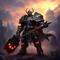 Ironclad depicted in the Shadow Fight world, standing triumphantly in a battle arena filled with swirling shadows and ethereal mist