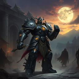 Ironclad depicted in the Shadow Fight world, standing triumphantly in a battle arena filled with swirling shadows and ethereal mist