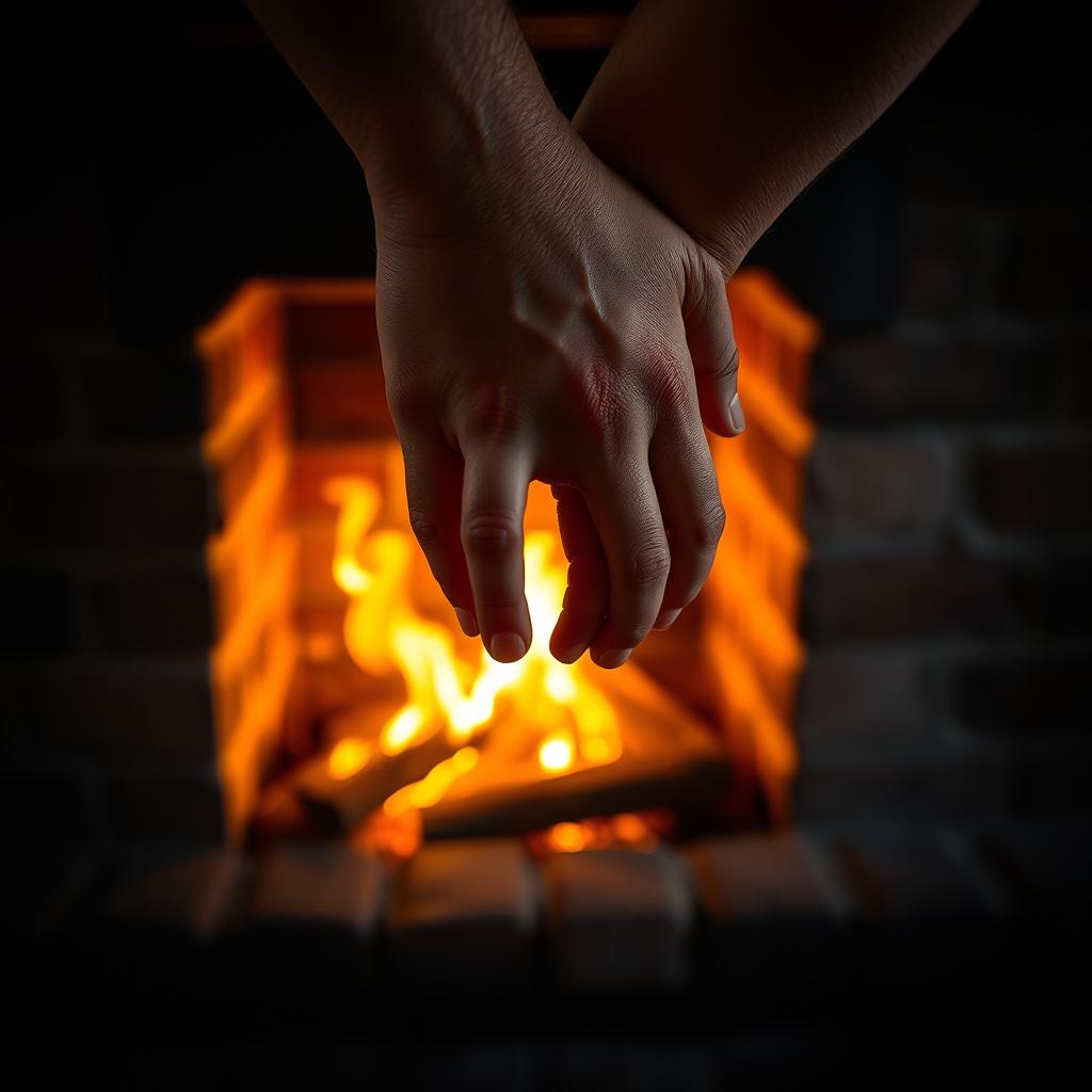 A captivating scene of a cozy fireplace with flames dancing in a brick hearth, surrounded by two hands interlocking gently together