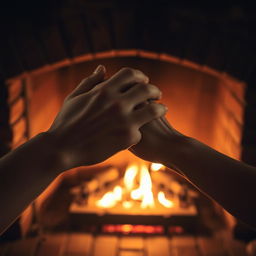 A captivating scene of a cozy fireplace with flames dancing in a brick hearth, surrounded by two hands interlocking gently together