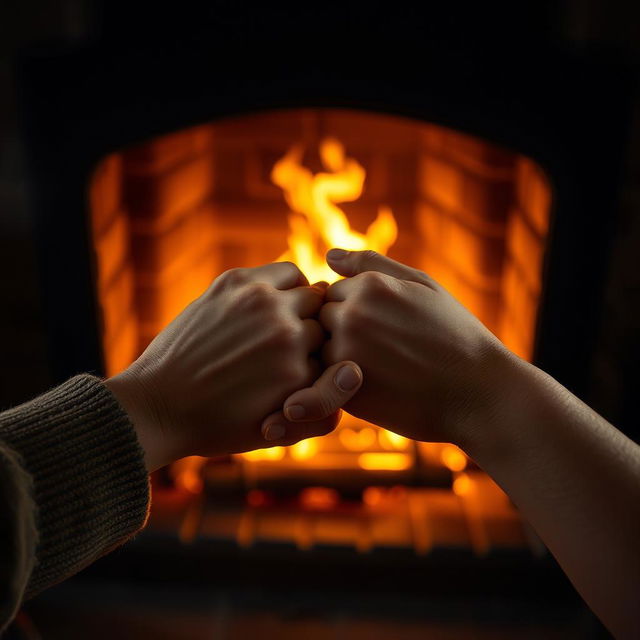 A captivating scene of a cozy fireplace with flames dancing in a brick hearth, surrounded by two hands interlocking gently together