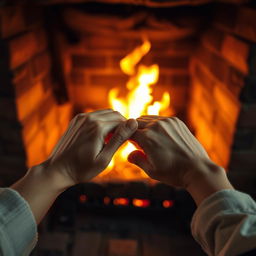 A captivating scene of a cozy fireplace with flames dancing in a brick hearth, surrounded by two hands interlocking gently together