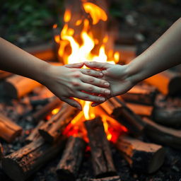 A romantic scene featuring a beautifully arranged campfire with vibrant flames and scattered logs around it
