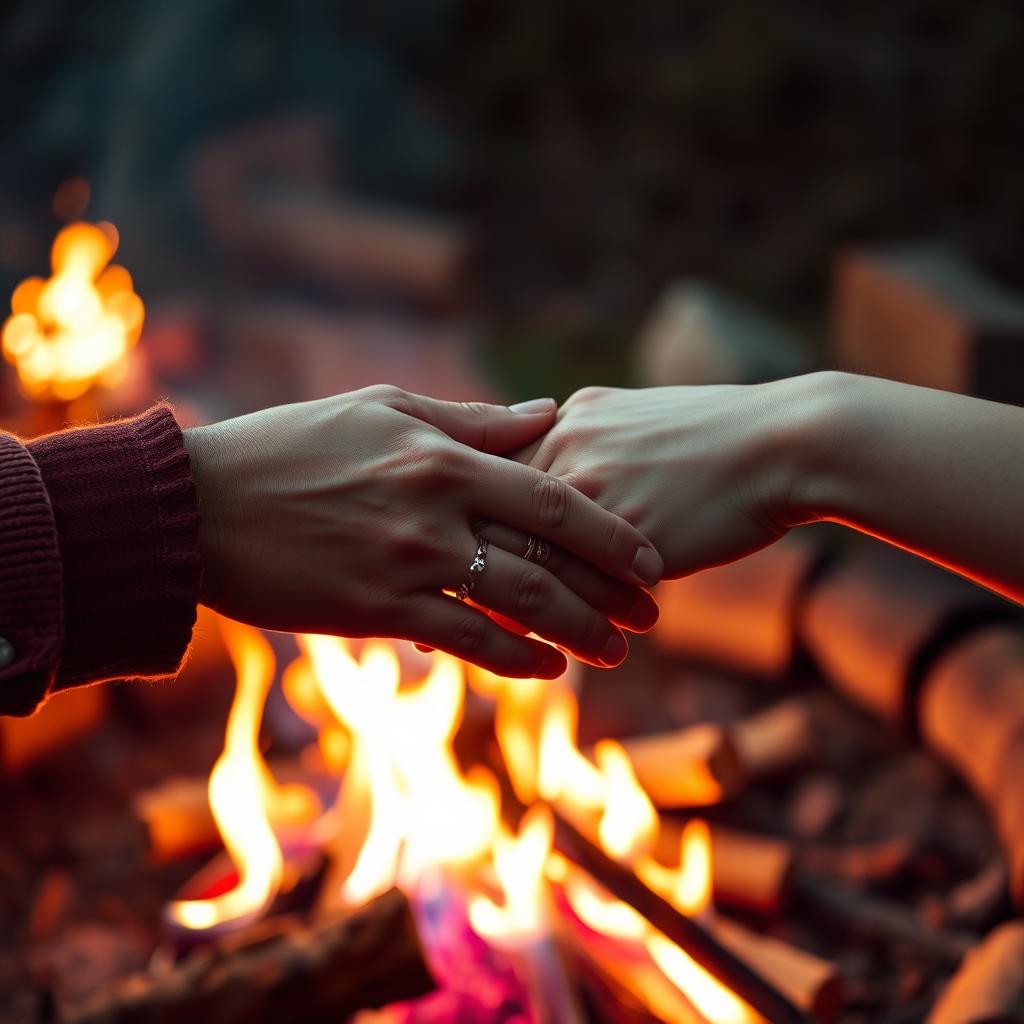 A romantic scene featuring a beautifully arranged campfire with vibrant flames and scattered logs around it