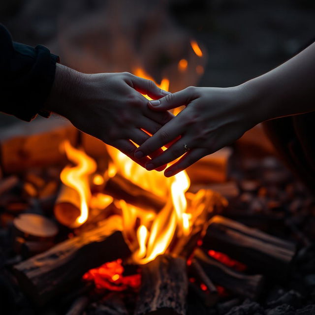 A romantic scene featuring a beautifully arranged campfire with vibrant flames and scattered logs around it