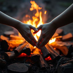 A romantic scene featuring a beautifully arranged campfire with vibrant flames and scattered logs around it