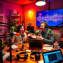 A vibrant and engaging podcast studio filled with colorful microphones and audio equipment