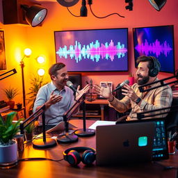 A vibrant and engaging podcast studio filled with colorful microphones and audio equipment