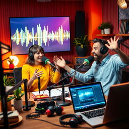 A vibrant and engaging podcast studio filled with colorful microphones and audio equipment