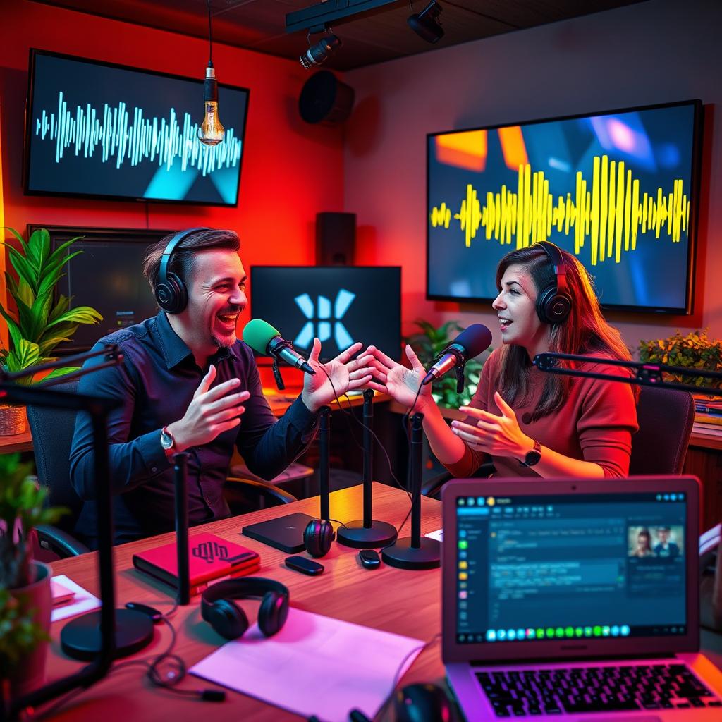 A vibrant and engaging podcast studio filled with colorful microphones and audio equipment