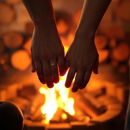 A romantic scene depicting a glowing fire with logs stacked artistically, surrounded by warm orange and red flames