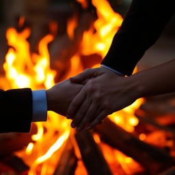 A romantic scene depicting a glowing fire with logs stacked artistically, surrounded by warm orange and red flames