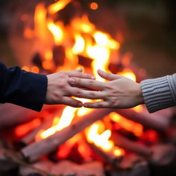 A romantic scene depicting a glowing fire with logs stacked artistically, surrounded by warm orange and red flames