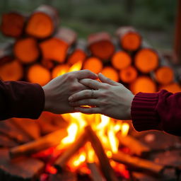 A romantic scene depicting a glowing fire with logs stacked artistically, surrounded by warm orange and red flames