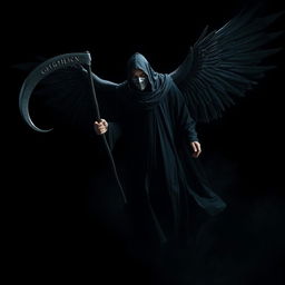 In a pitch-black night, a menacing figure robed in black glides silently, with a covered head and jet-black wings spread wide, absorbing the surrounding light