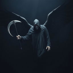 In a pitch-black night, a menacing figure robed in black glides silently, with a covered head and jet-black wings spread wide, absorbing the surrounding light