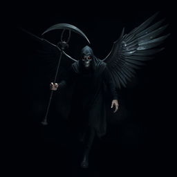 In a pitch-black night, a menacing figure robed in black glides silently, with a covered head and jet-black wings spread wide, absorbing the surrounding light