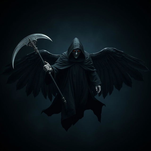 In a pitch-black night, a menacing figure robed in black glides silently, with a covered head and jet-black wings spread wide, absorbing the surrounding light