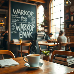 A cozy coffee shop interior featuring warm wooden furniture, rustic decor, and large windows allowing natural light to flow in