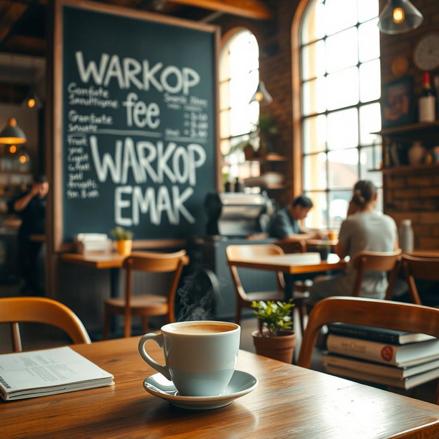 A cozy coffee shop interior featuring warm wooden furniture, rustic decor, and large windows allowing natural light to flow in