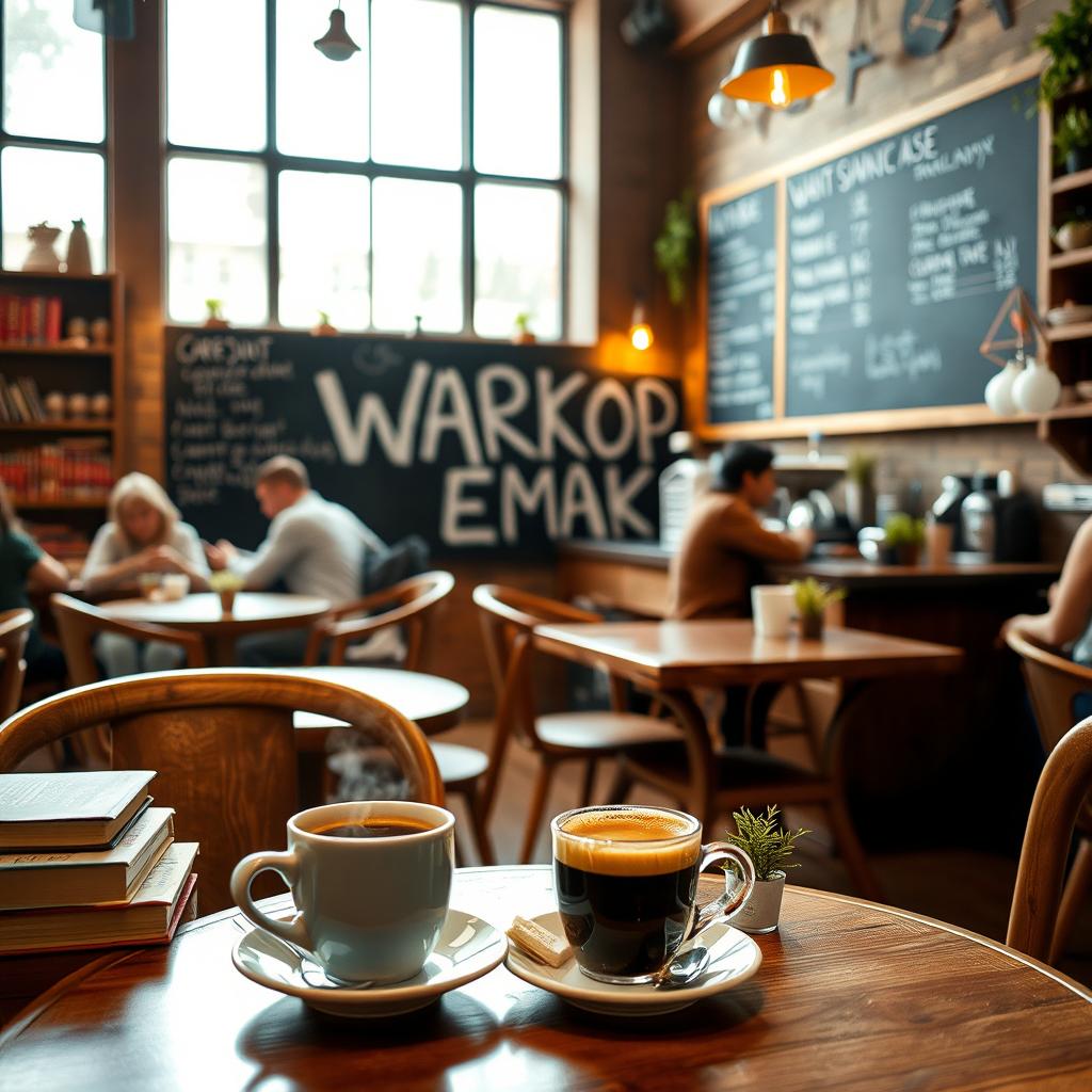 A cozy coffee shop interior featuring warm wooden furniture, rustic decor, and large windows allowing natural light to flow in