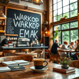 A cozy coffee shop interior featuring warm wooden furniture, rustic decor, and large windows allowing natural light to flow in