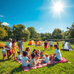 A vibrant scene of a diverse group of families and friends enjoying various outdoor recreational activities in a lush green park