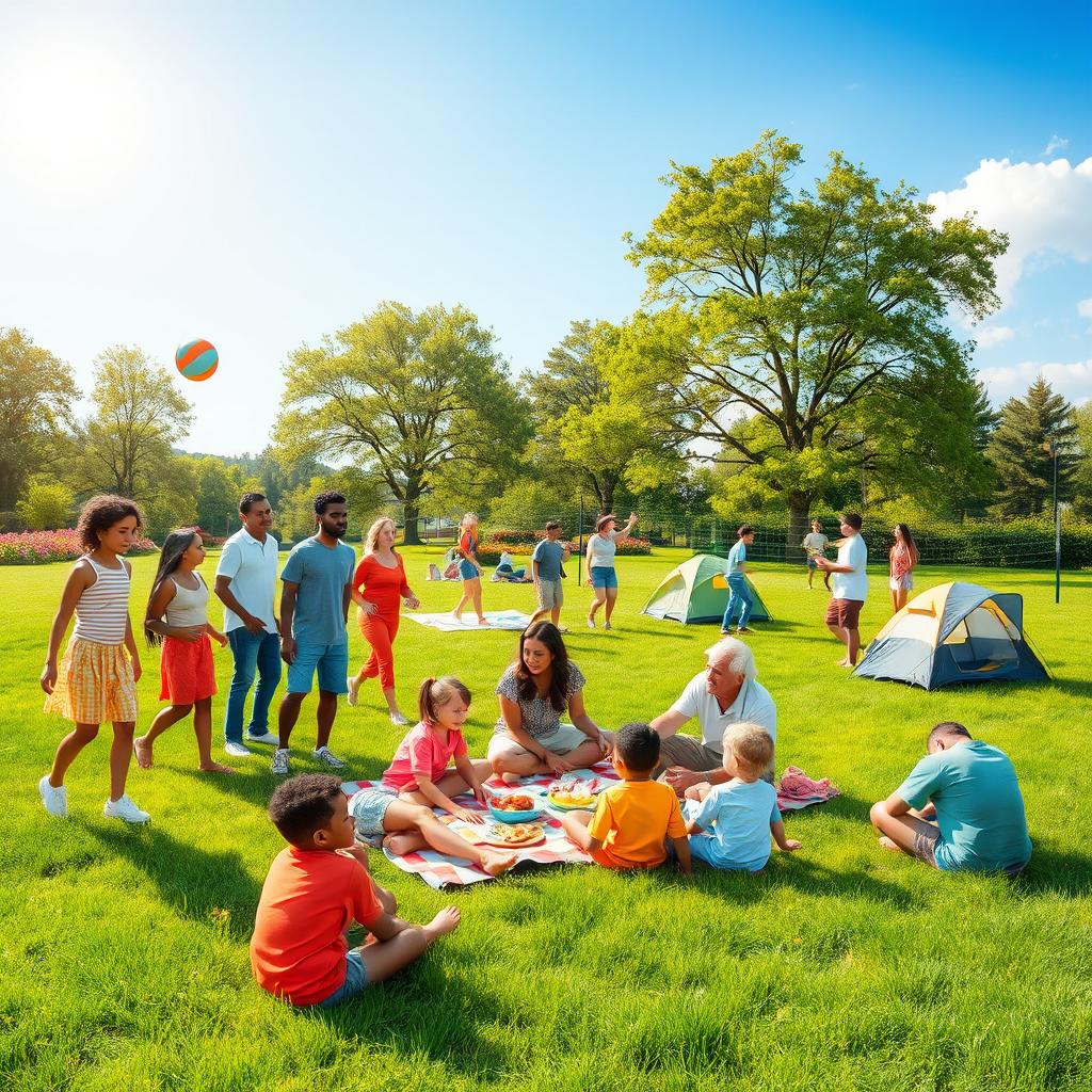 A vibrant scene of a diverse group of families and friends enjoying various outdoor recreational activities in a lush green park