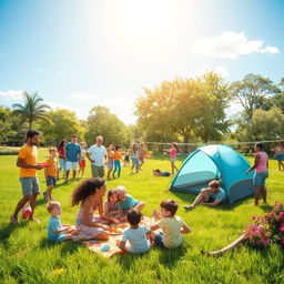 A vibrant scene of a diverse group of families and friends enjoying various outdoor recreational activities in a lush green park