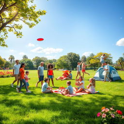A vibrant scene of a diverse group of families and friends enjoying various outdoor recreational activities in a lush green park