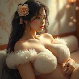 An artistic representation of a Japanese woman with an emphasis on her voluptuous features