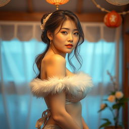 An artistic representation of a Japanese woman with an emphasis on her voluptuous features