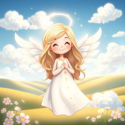 A whimsical cartoon depiction of an angel, featuring soft, glowing wings and a gentle smile