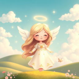 A whimsical cartoon depiction of an angel, featuring soft, glowing wings and a gentle smile