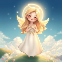 A whimsical cartoon depiction of an angel, featuring soft, glowing wings and a gentle smile
