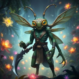 A Thri-kreen, a four-armed insectoid humanoid, standing tall in a vibrant fantasy landscape
