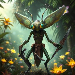 A Thri-kreen, a four-armed insectoid humanoid, standing tall in a vibrant fantasy landscape