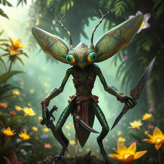 A Thri-kreen, a four-armed insectoid humanoid, standing tall in a vibrant fantasy landscape
