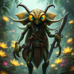 A Thri-kreen, a four-armed insectoid humanoid, standing tall in a vibrant fantasy landscape