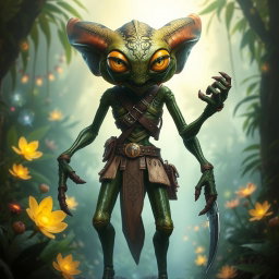 A Thri-kreen, a four-armed insectoid humanoid, standing tall in a vibrant fantasy landscape
