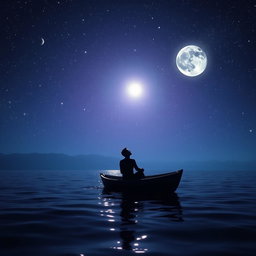 A solitary person in a small boat at night on the ocean, surrounded by twinkling stars, shining planets, and a bright full moon illuminating the scene